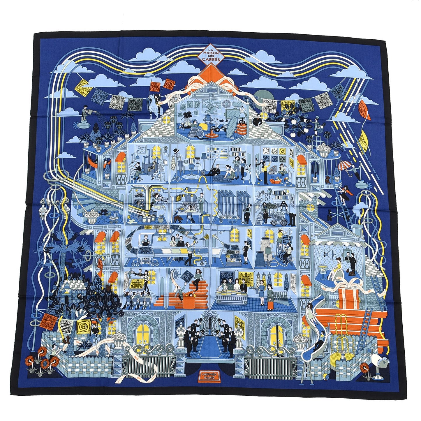 Cashmere Silk La Maison des Carres Shawl 140 Bleu Nuit Ciel Orange