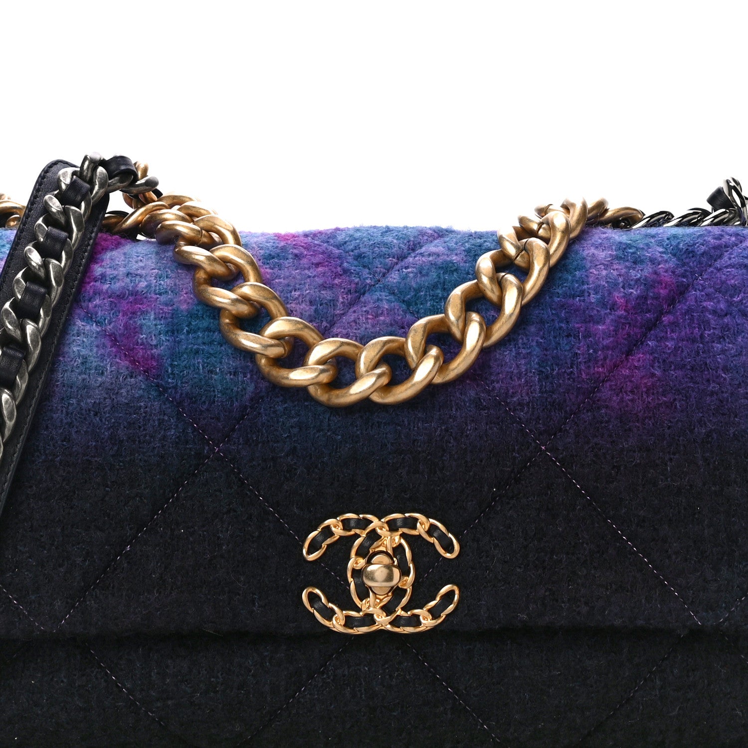 Chanel Wool Tweed Quilted Large Chanel 19 Flap Purple Black Blue 8 of 10