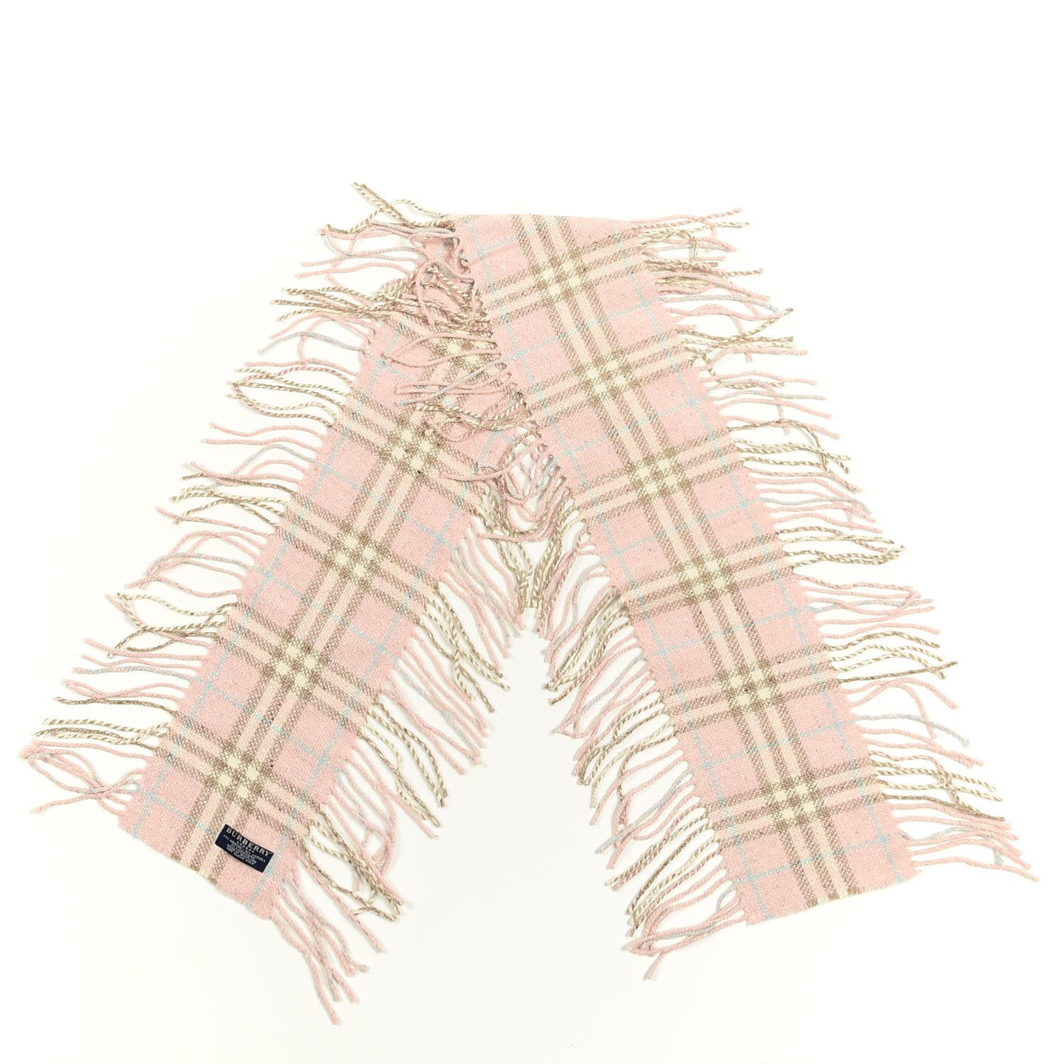 Burberry Merino Angora Wool Cashmere Check Happy Fringe Scarf Pink 2 of 3