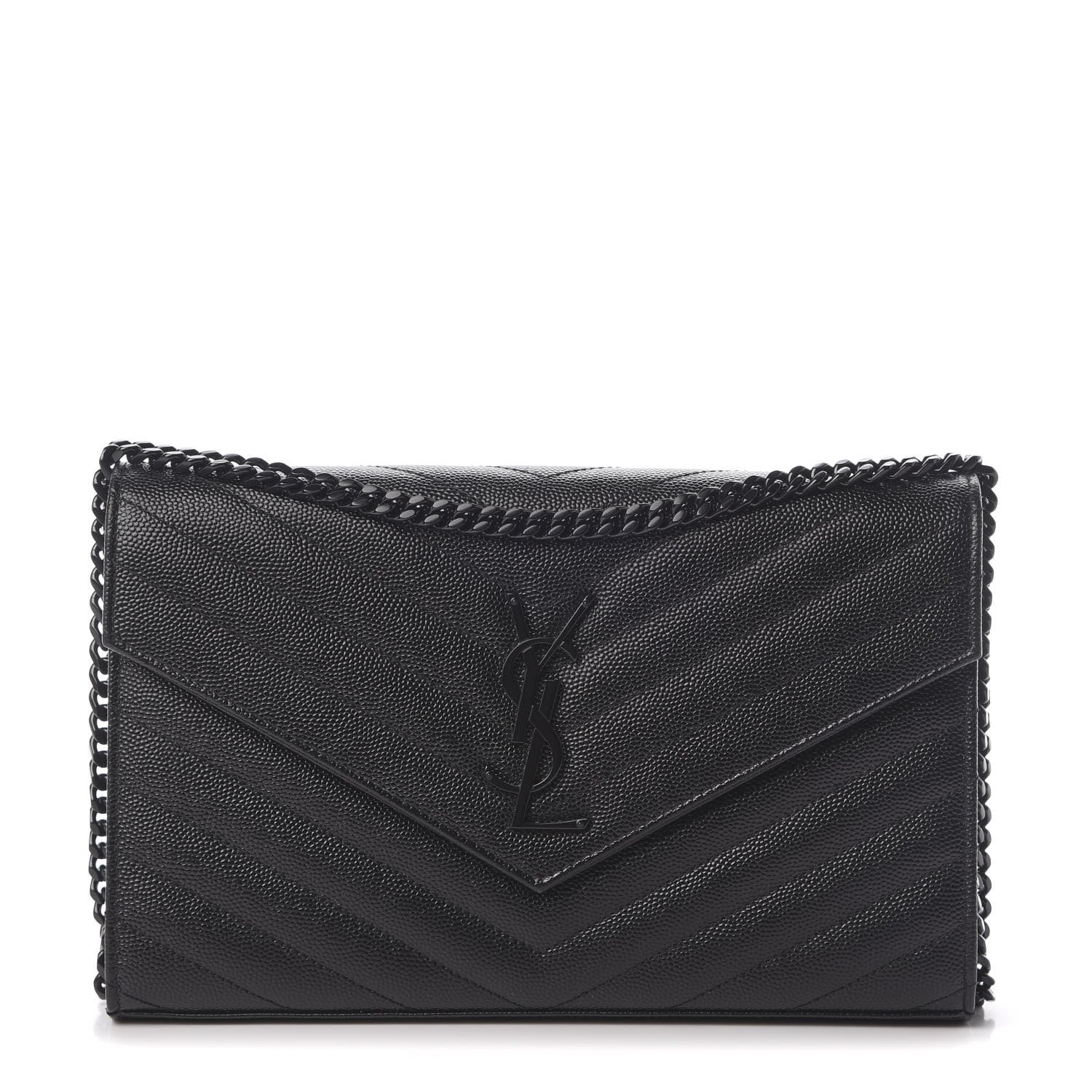 Saint Laurent Grain De Poudre Matelasse Chevron Monogram Chain Wallet Black 1 of 10