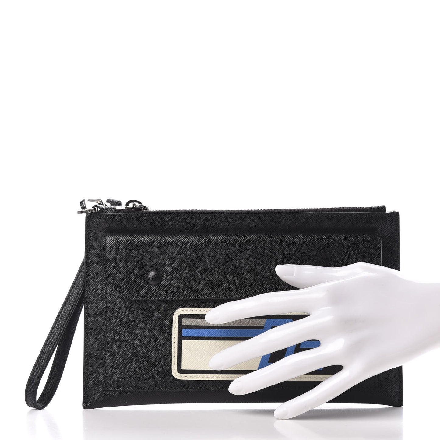 Saffiano Racing Logo Patch Clutch Black Azzurro