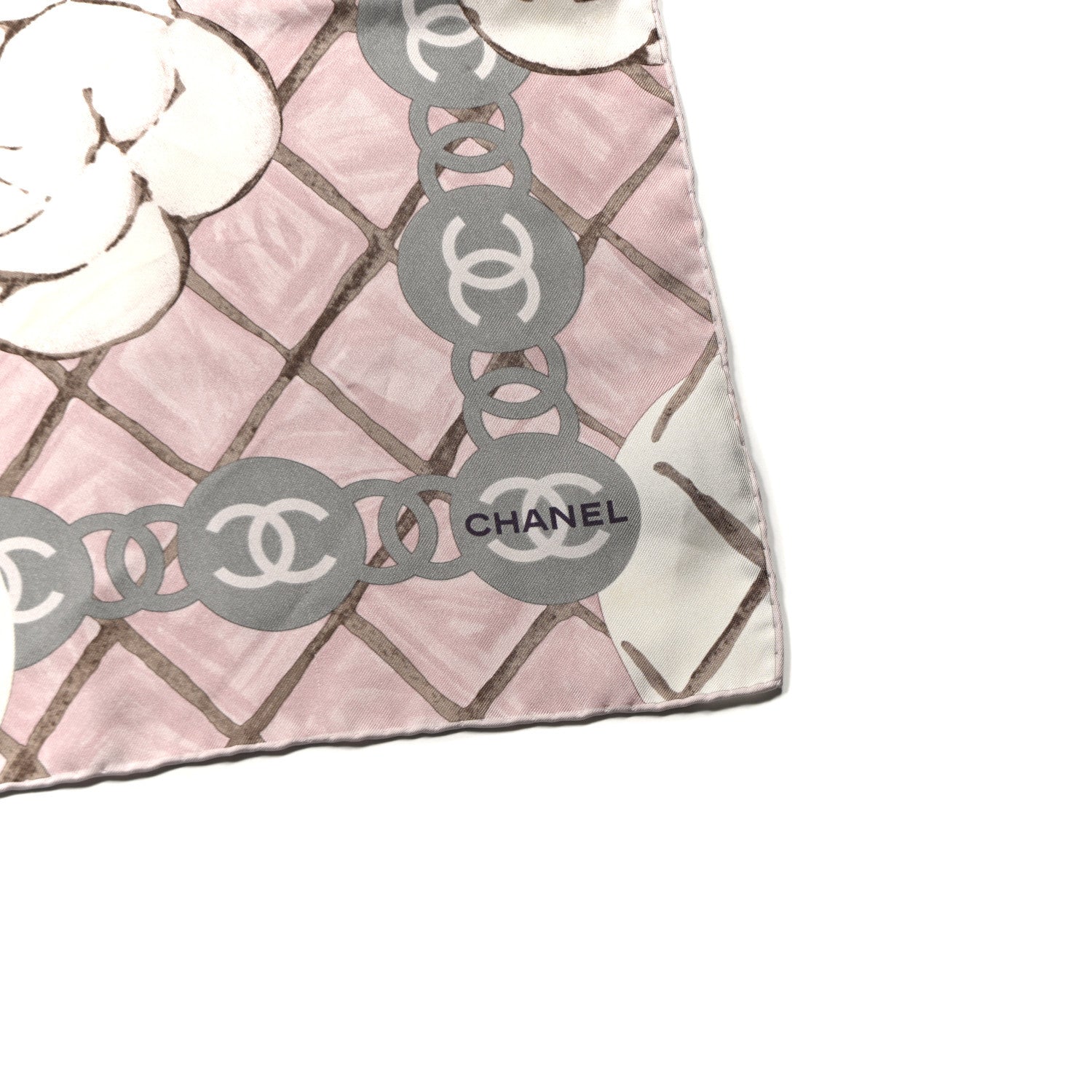 Chanel Silk CC Logo Camellia Scarf White Pink 5 of 5