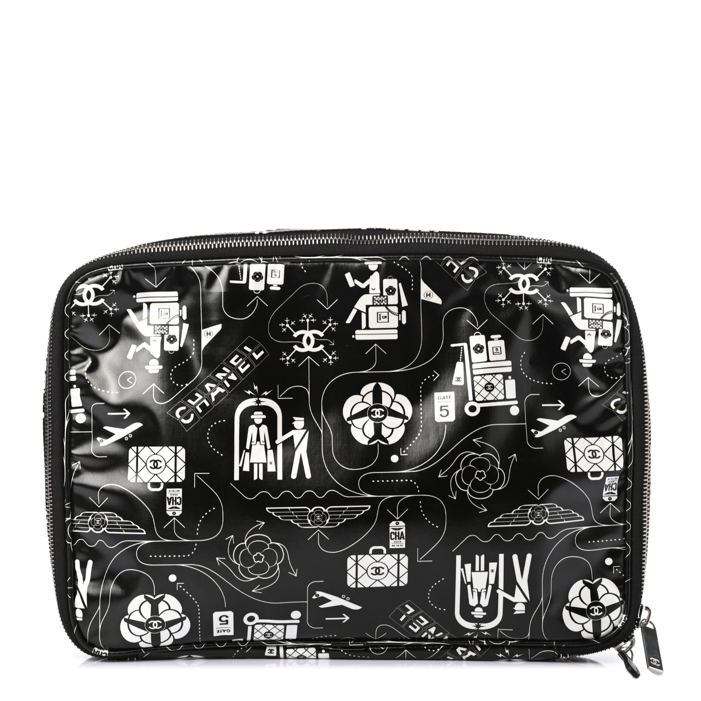 Coated Canvas Airline Cosmetic Travel Bag Black White