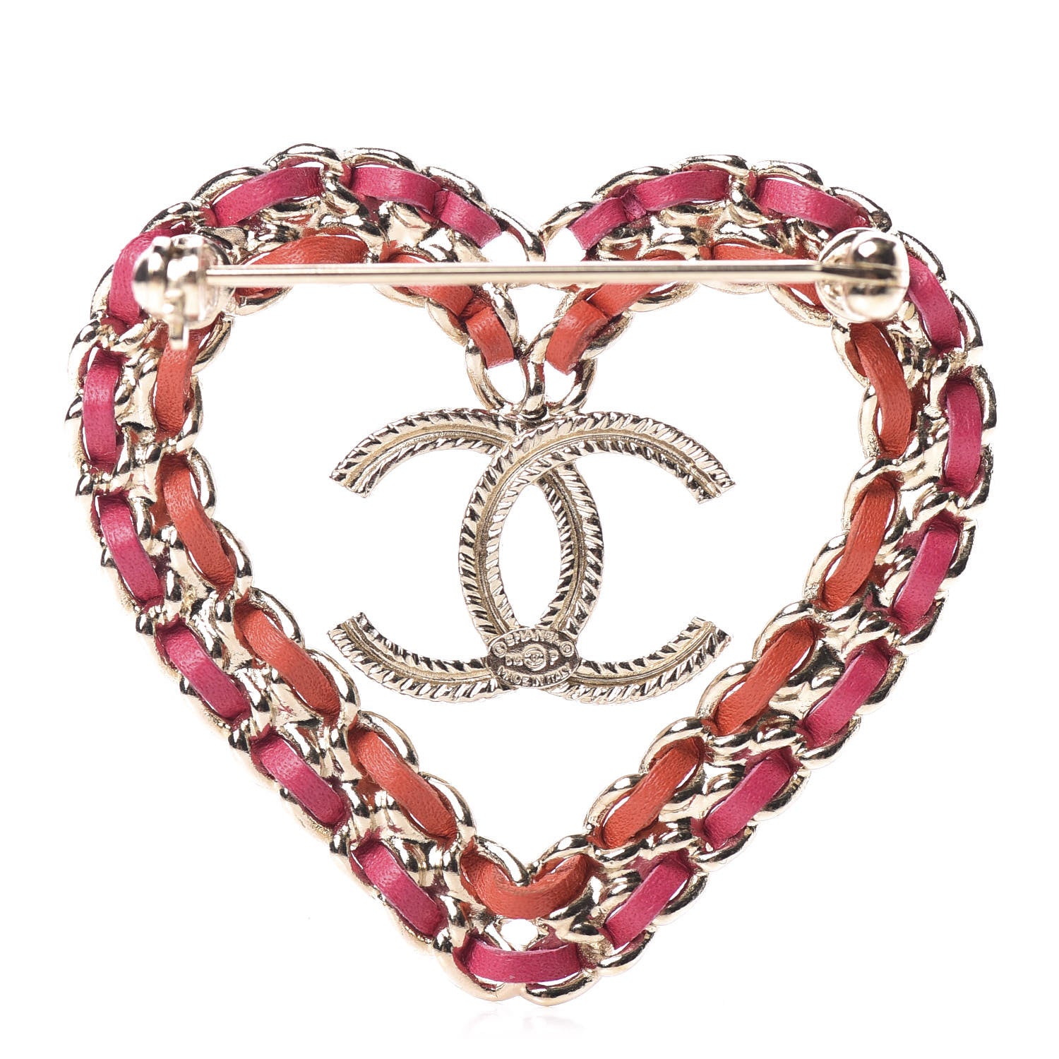 Chanel Metal Calfskin Braided Heart CC Brooch Pink Red Gold 3 of 5