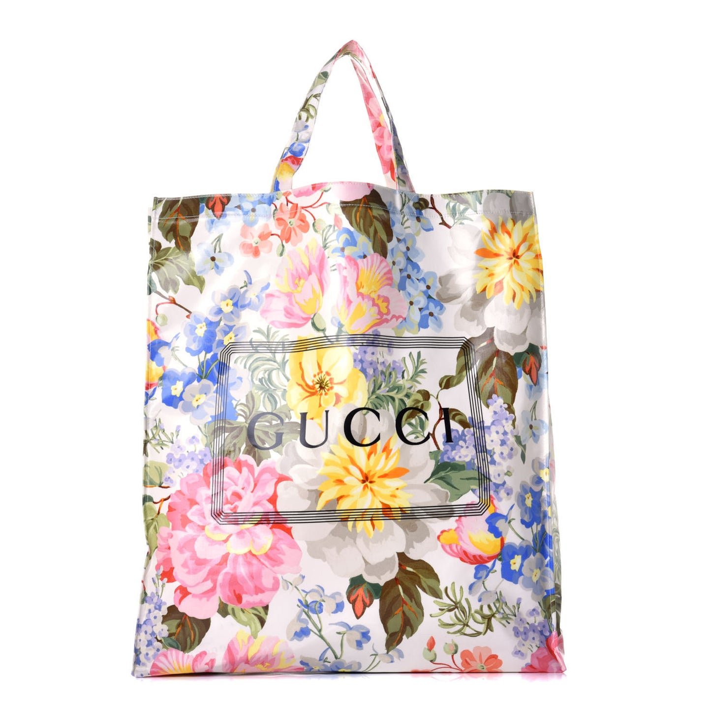 Patent Canvas Frame Logo Floral Print Vertical Tote Multicolor