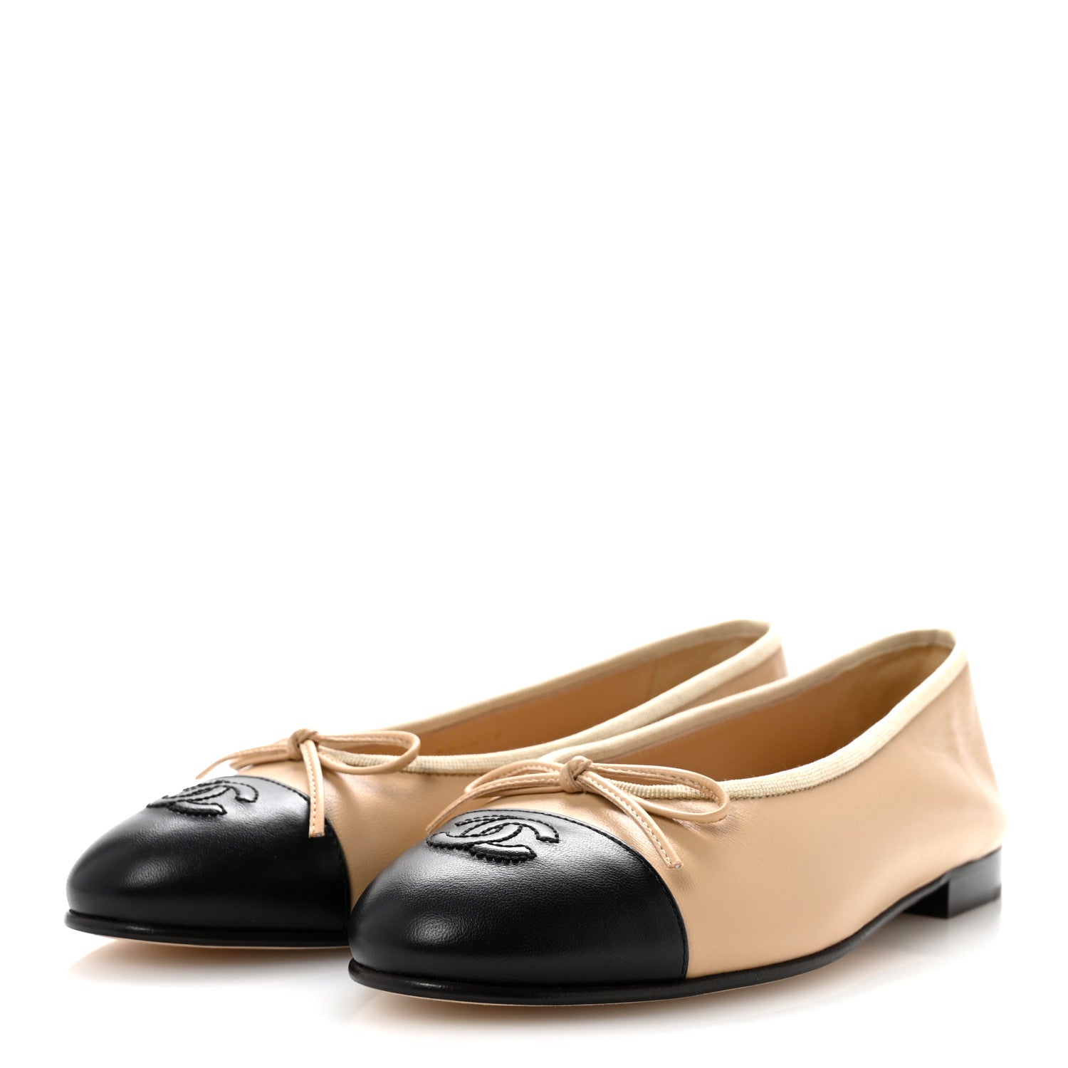 Chanel Lambskin Cap Toe CC Ballerina Flats 38 Beige Black 4 of 11