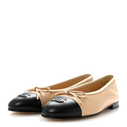 Chanel Lambskin Cap Toe CC Ballerina Flats 38 Beige Black 4 of 11