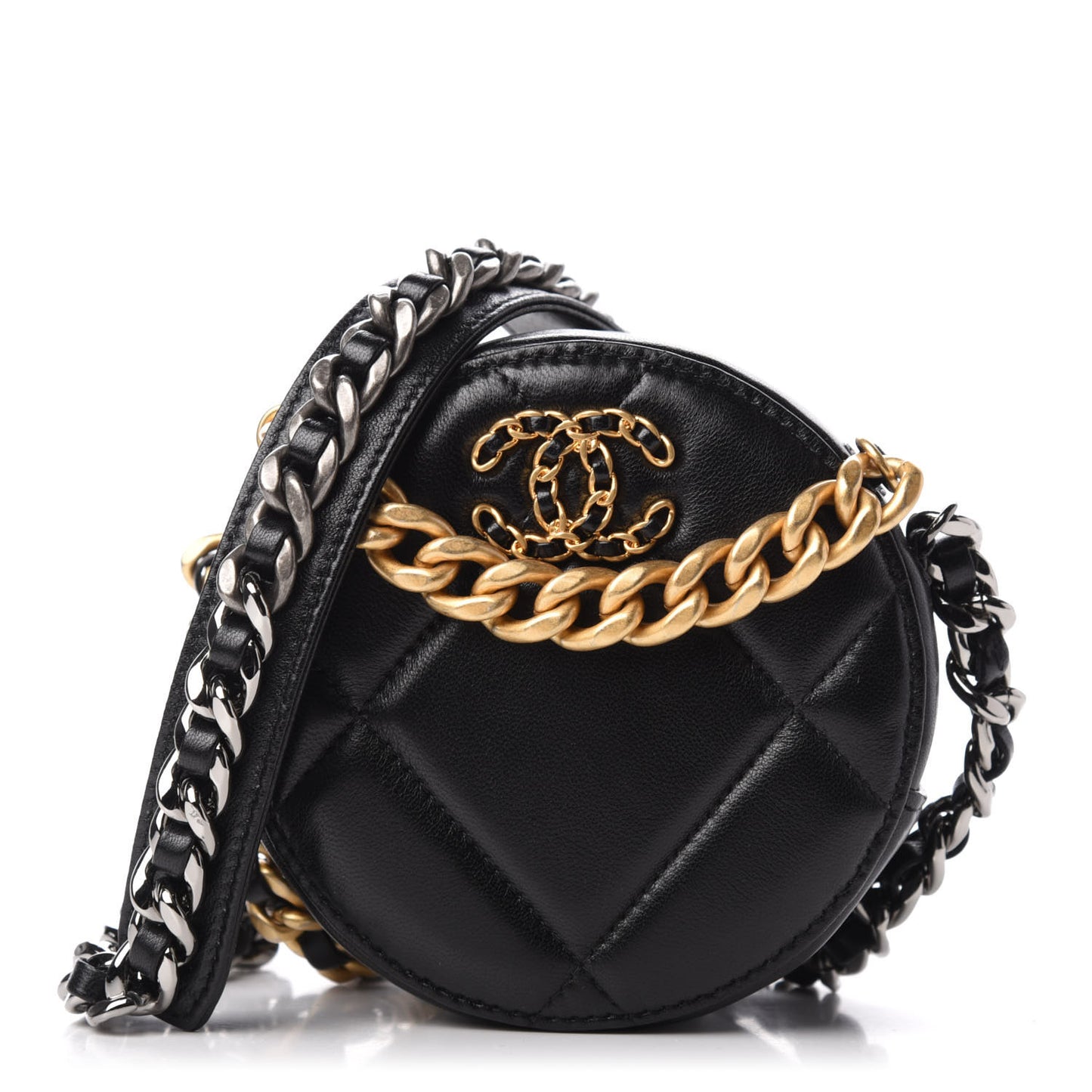Lambskin Quilted 19 Round Clutch With Chain Black