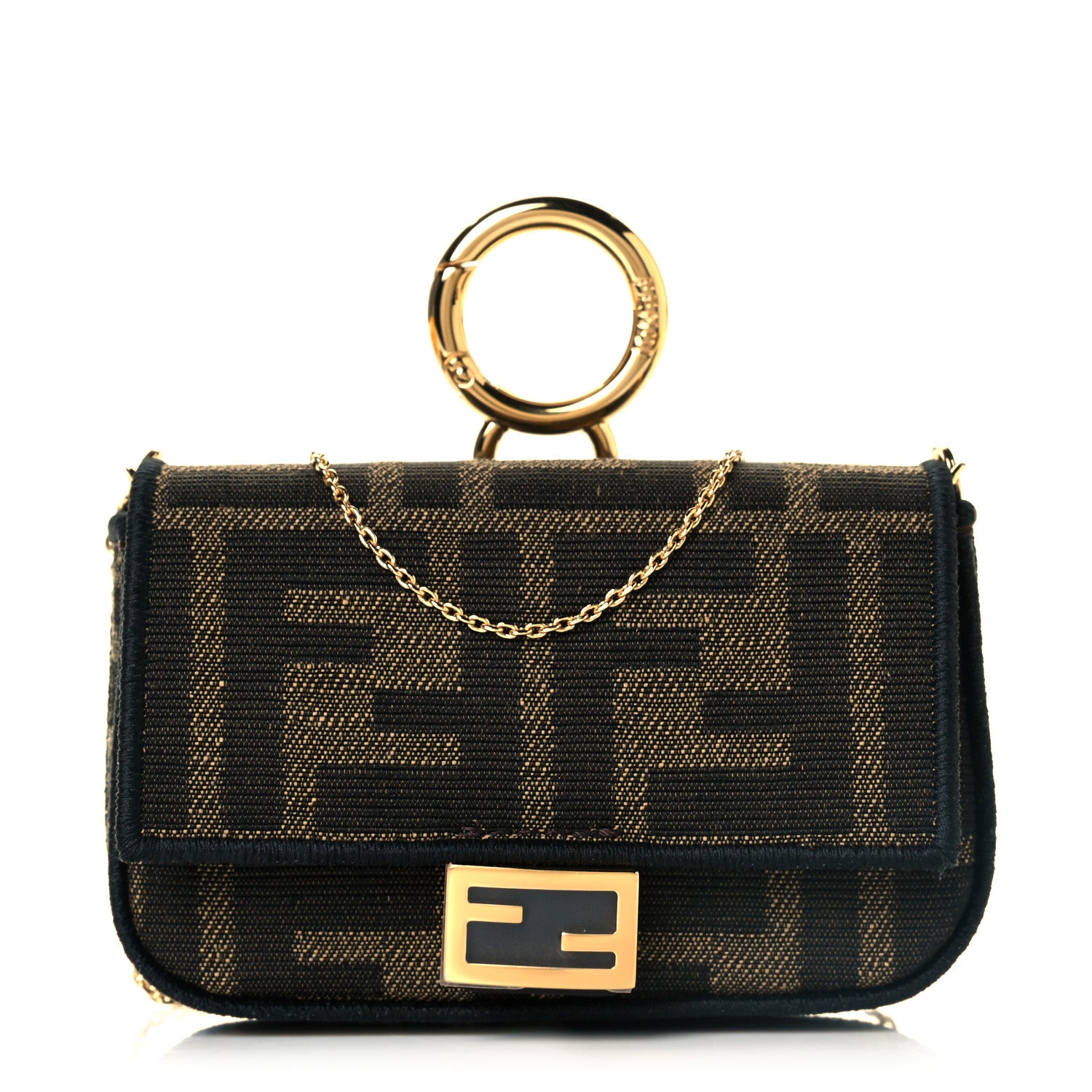 Fendi Fabric Jacquard FF 1974 Nano Baguette Charm Tobacco Moro Black 1 of 7