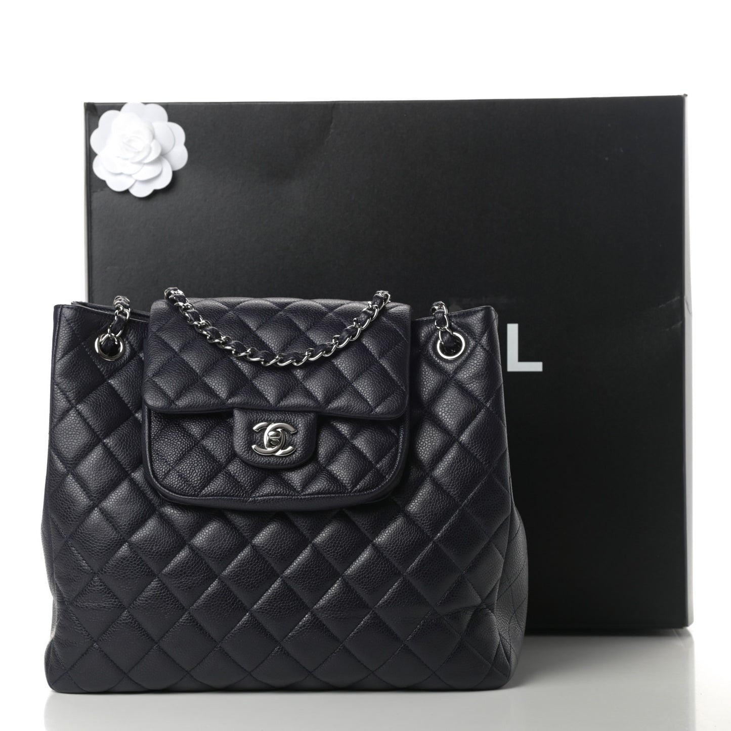 Caviar Quilted Flap Tote Marine