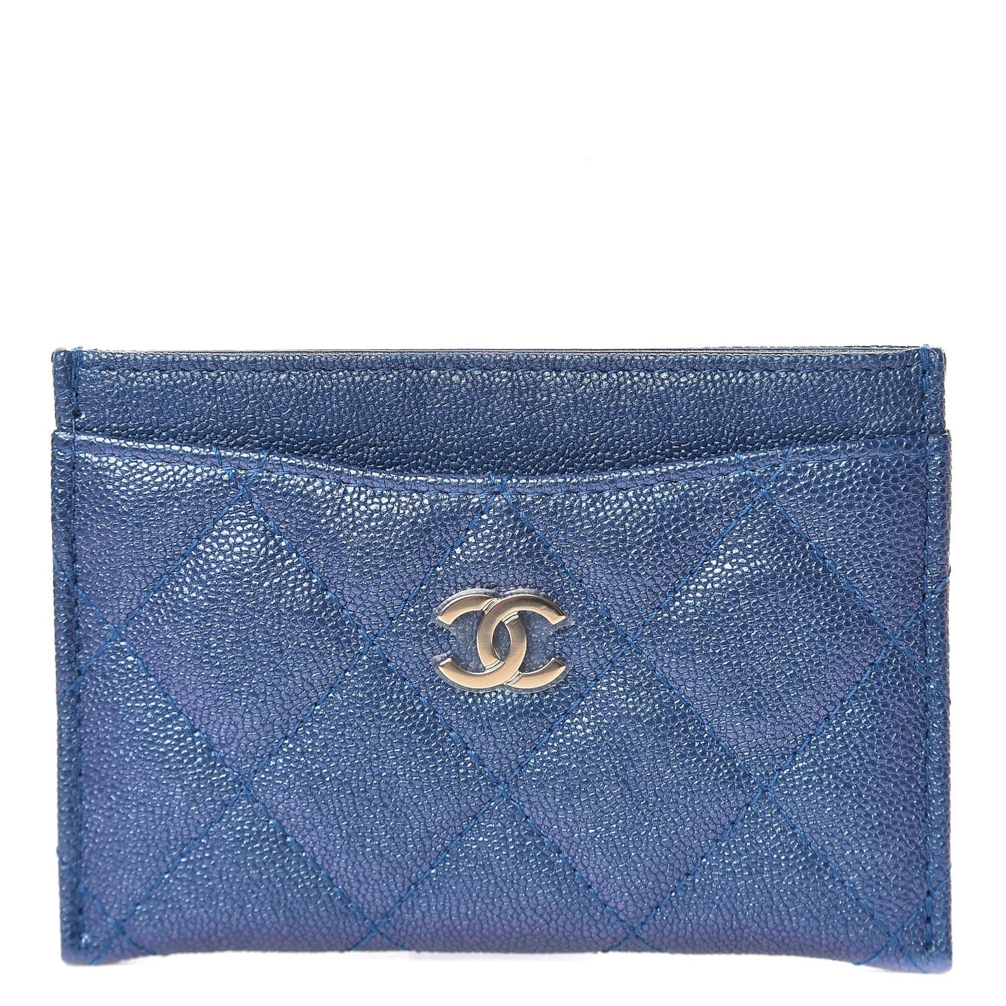 Iridescent Caviar Quilted Card Holder Dark Blue
