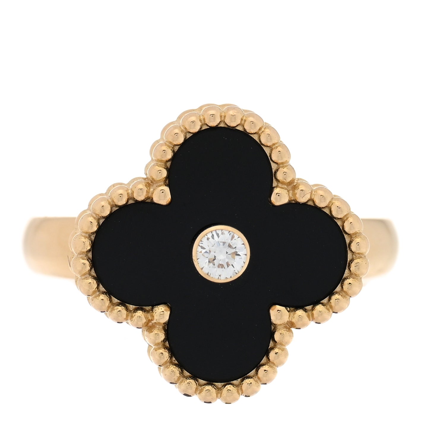 18K Yellow Gold Black Onyx Diamond Vintage Alhambra Ring 49/5