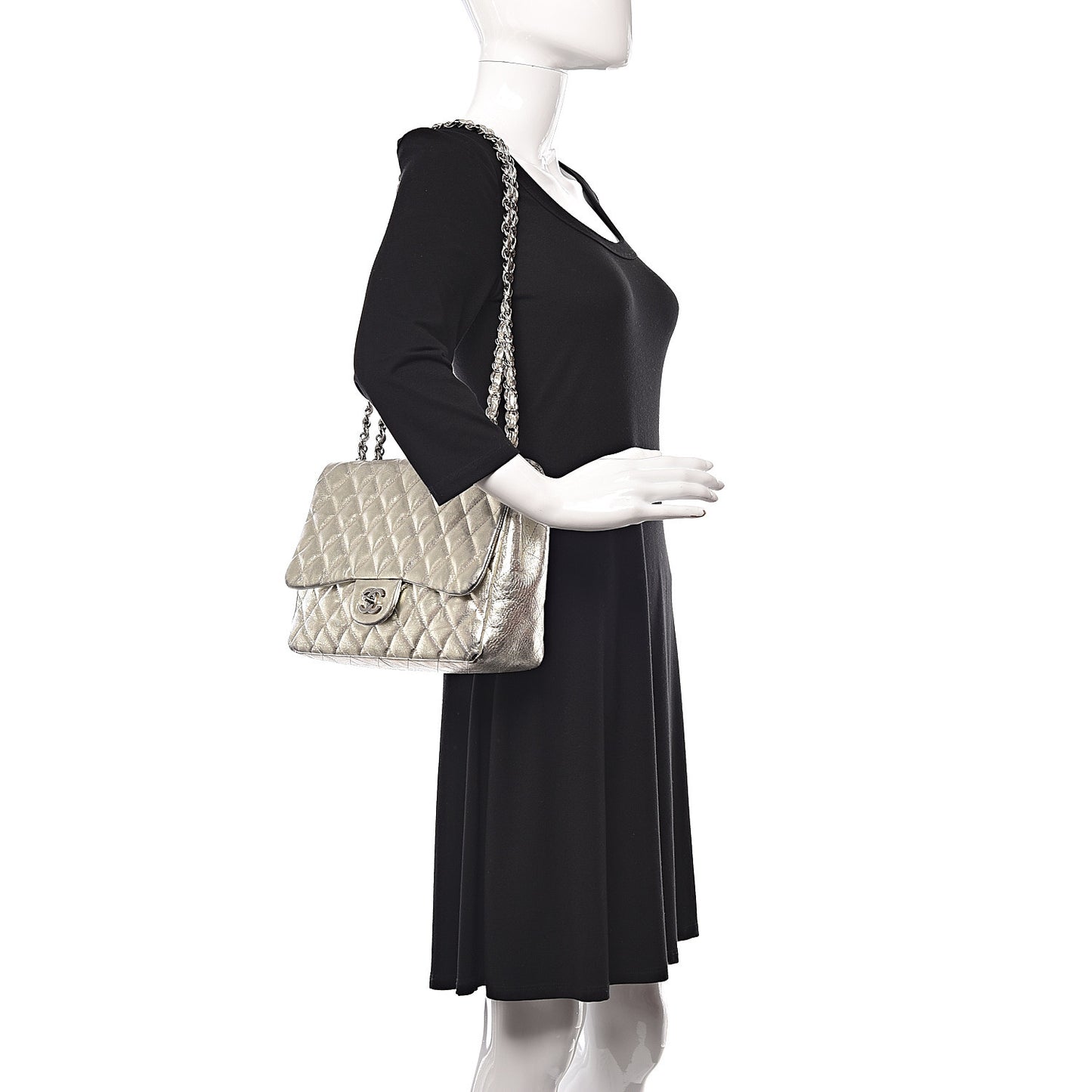 Metallic Aged Calfskin Quilted Jumbo Single Flap Silver
