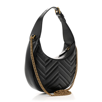 Gucci Calfskin Matelasse Chevron Mini GG Marmont Half Moon Hobo Black 3 of 12