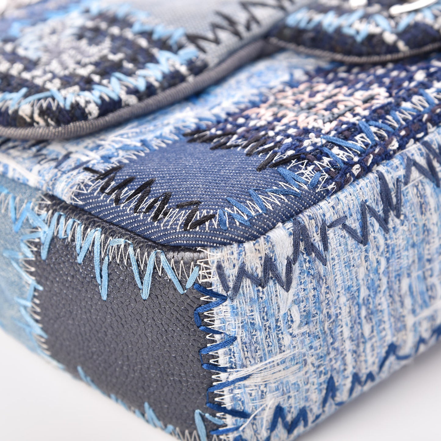 Denim Tweed Patchwork Medium Single Flap Blue