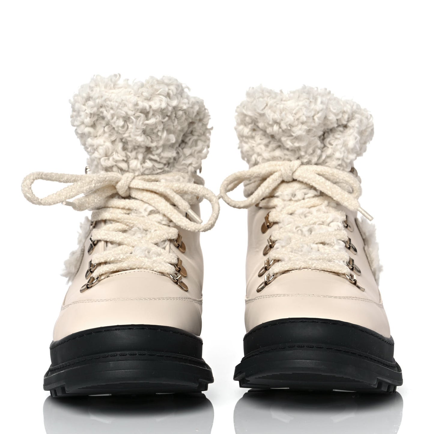 Calfskin Shearling CC Lace Up Boots 41 Light Beige Ivory