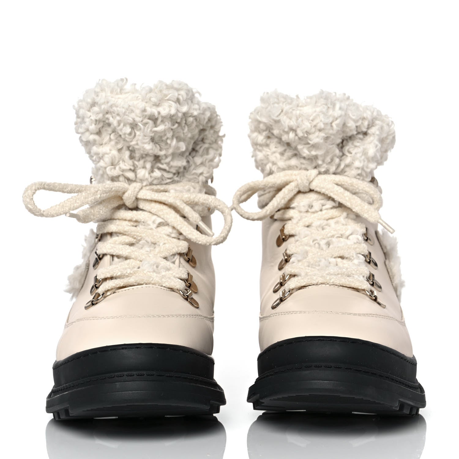Chanel Calfskin Shearling CC Lace Up Boots 41 Light Beige Ivory 2 of 7