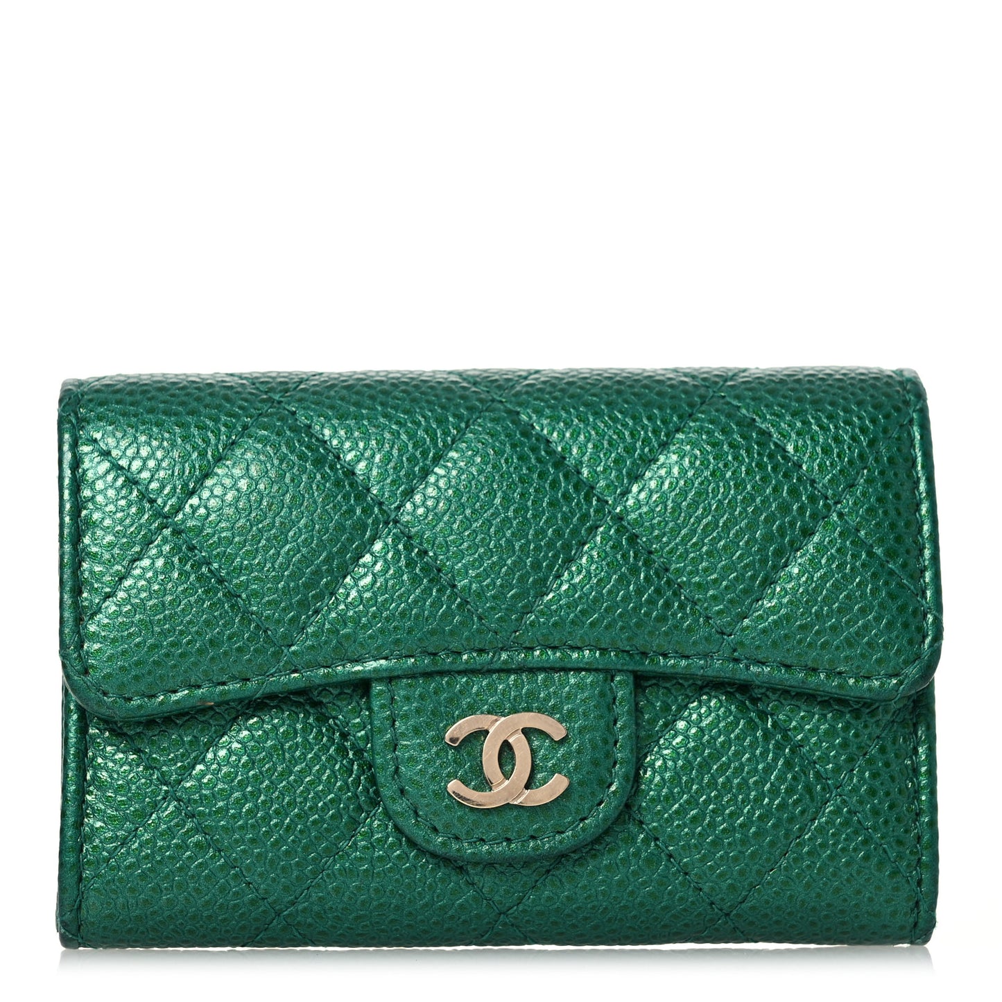 Metallic Caviar Quilted Flap Card Holder Wallet Green