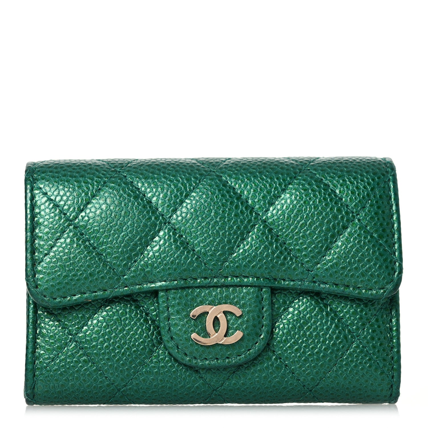 Chanel Metallic Caviar Quilted Flap Card Holder Wallet Green 1 of 13