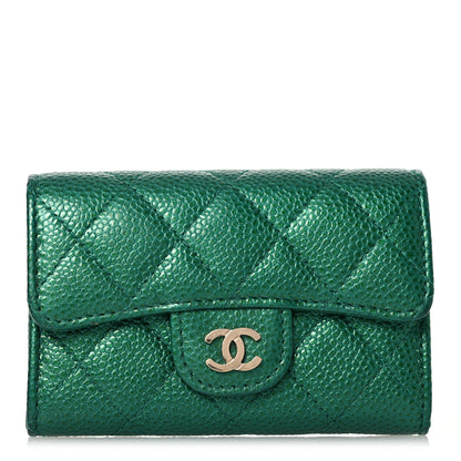 Chanel Metallic Caviar Quilted Flap Card Holder Wallet Green 1 of 13