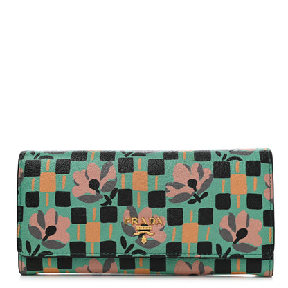 Prada Goatskin Floral Print Continental Flap Travel Wallet Mango 1 of 9