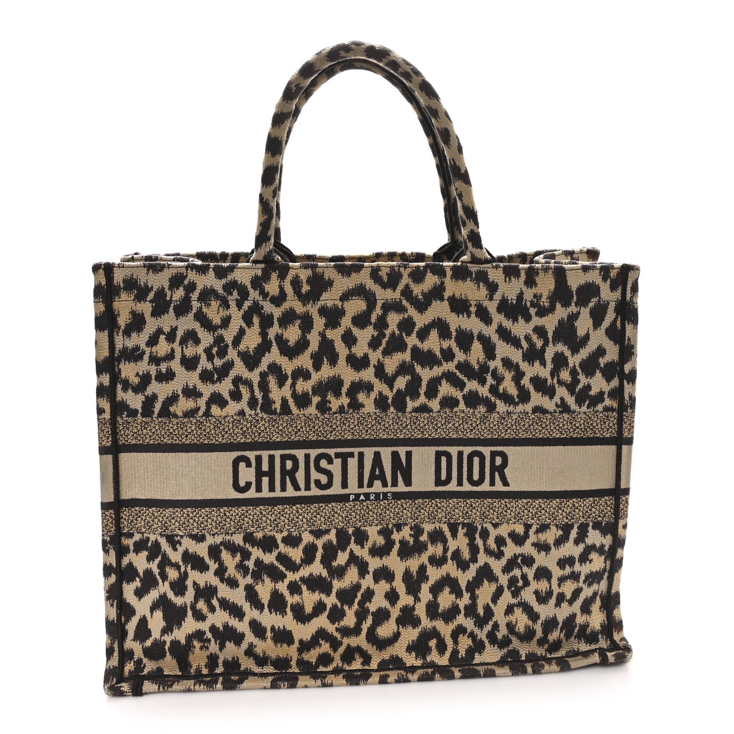 Canvas Mizza Embroidered Large Leopard Book Tote Beige