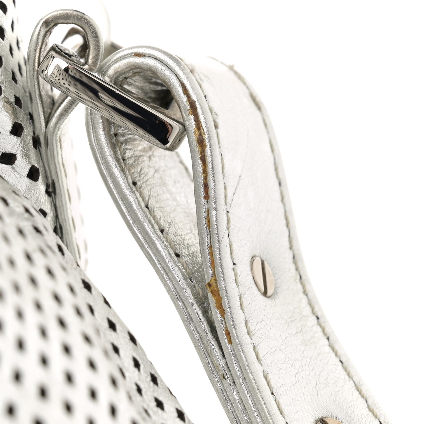 Metallic Glazed Calfskin Perforated Medium Rodeo Drive Tote Silver