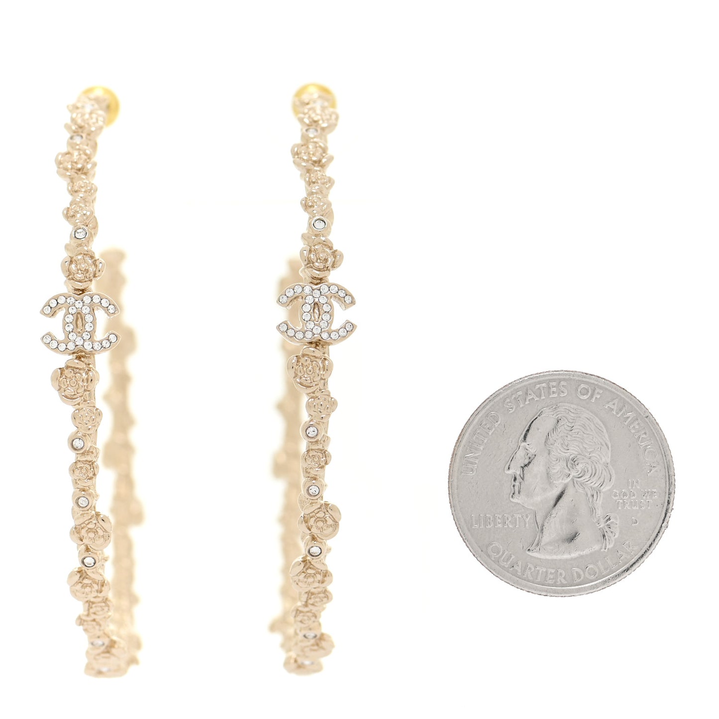 Crystal Large Camellia CC Hoop Earrings Gold