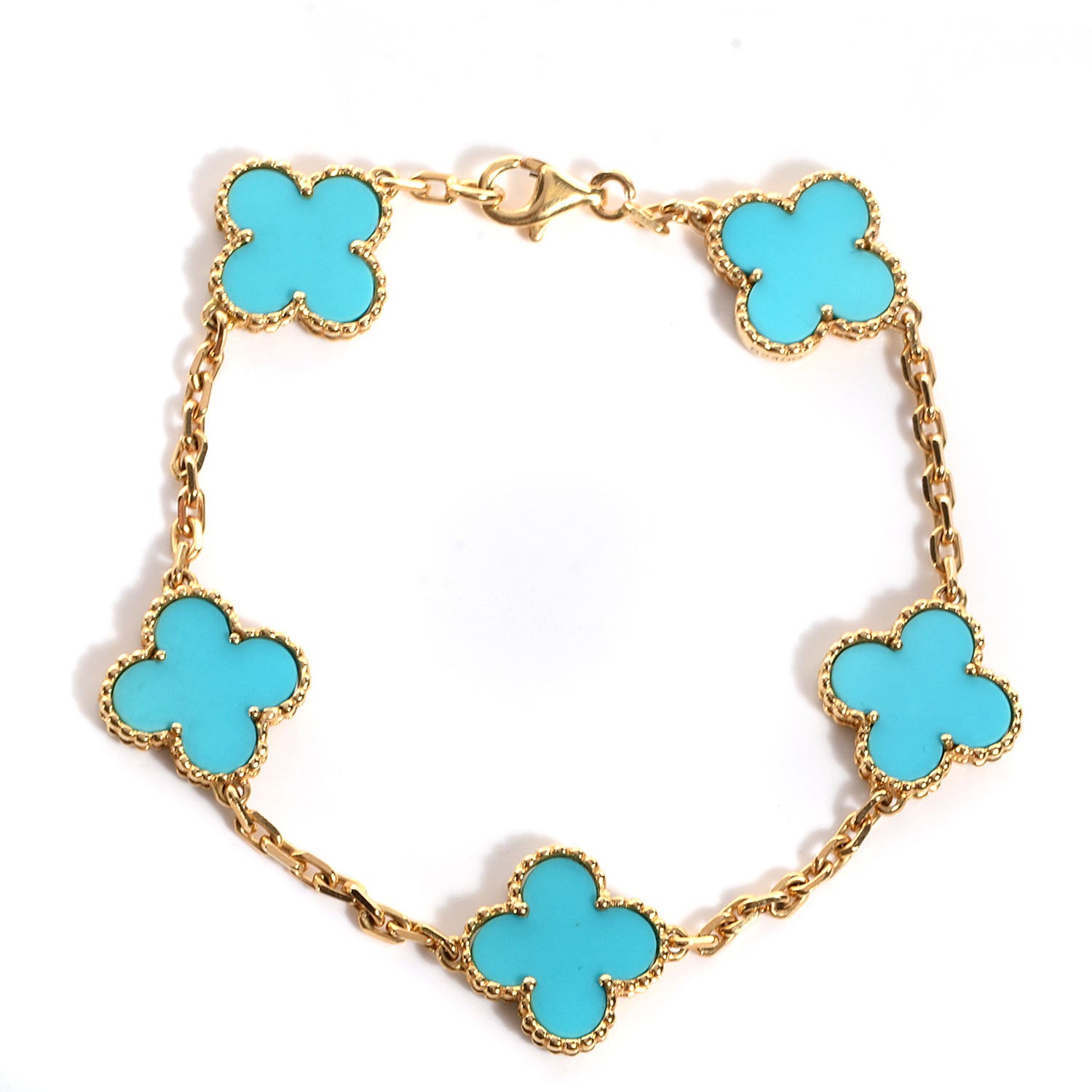 Van Cleef & Arpels 18K Yellow Gold Turquoise 5 Motifs Vintage Alhambra Bracelet 1 of 6