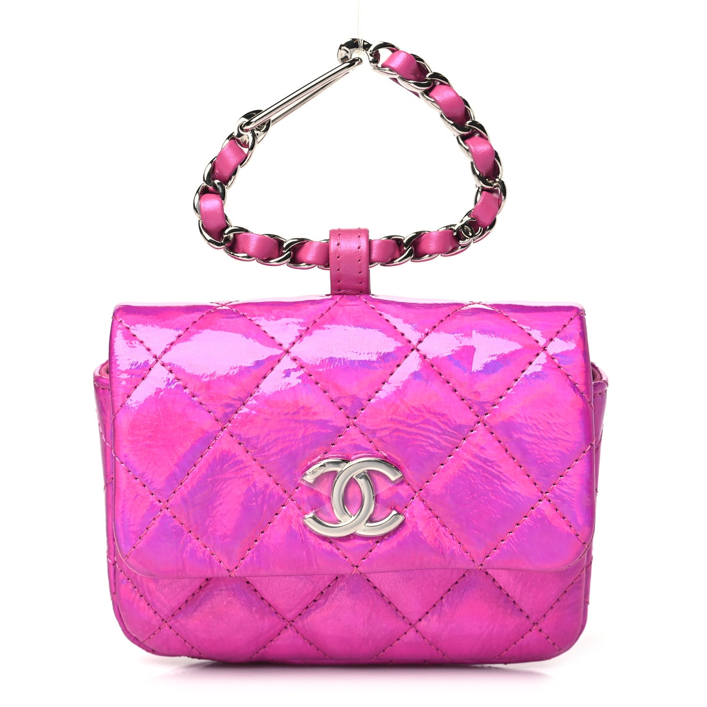 Patent Lambskin Quilted CC Hook Card Holder Pink
