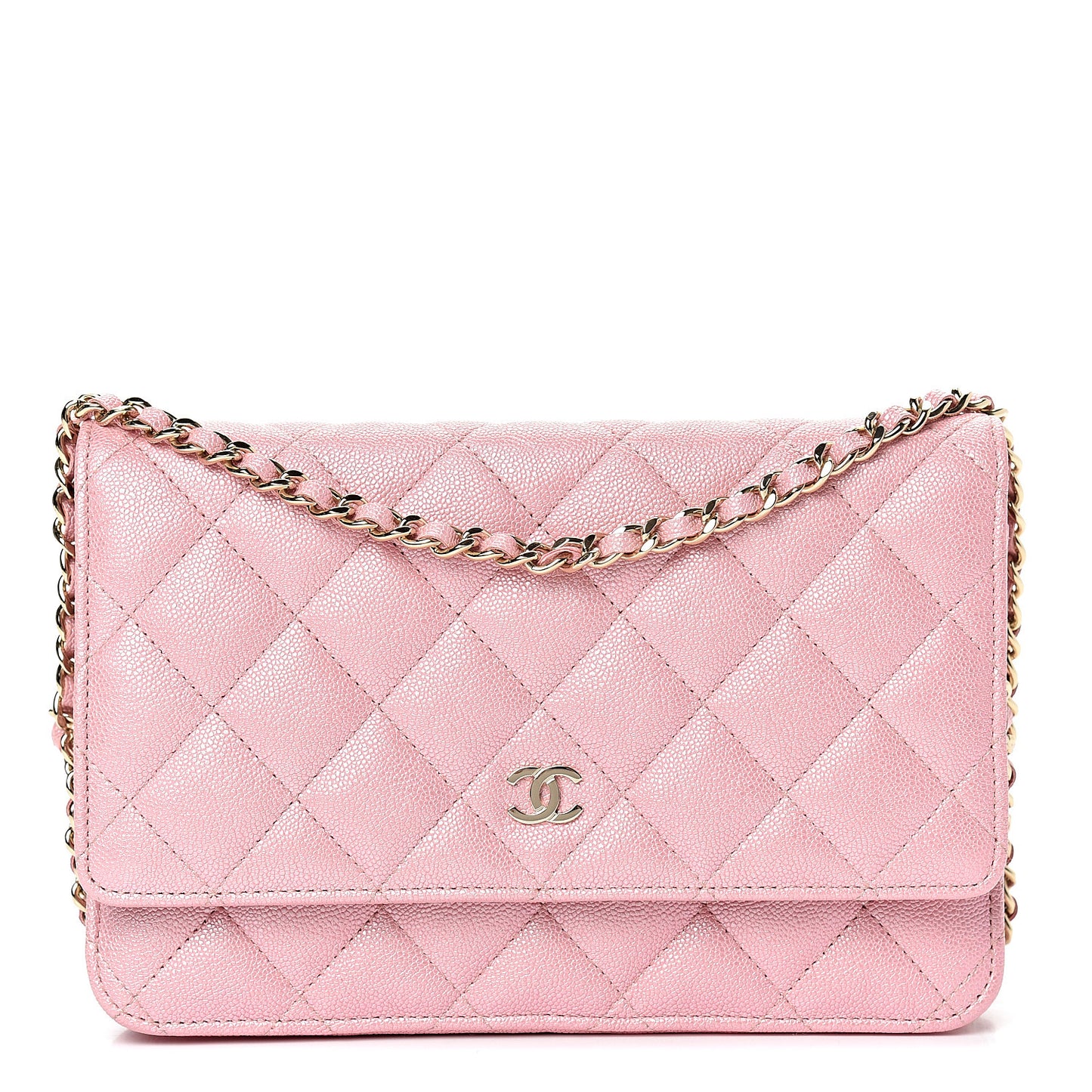 Iridescent Caviar Quilted Wallet on Chain WOC Rose Pink