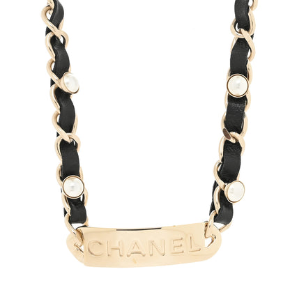 Chanel Metal Lambskin Pearl Name Plate Choker Necklace Black Gold 1 of 3
