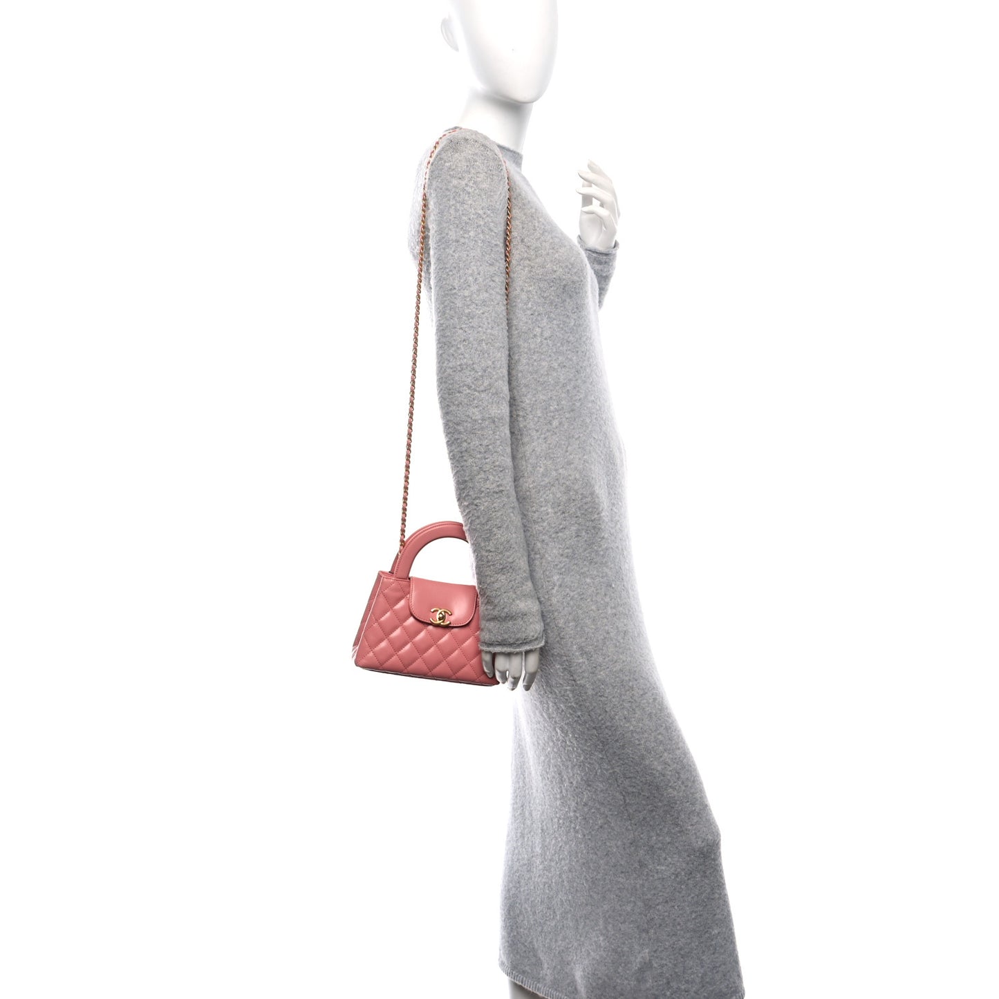 Shiny Aged Calfskin Quilted Nano Kelly Shopper Coral Pink