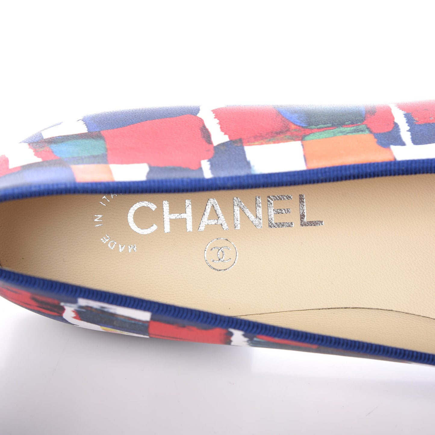 Patent Calfskin Printed CC Cap Toe Ballerina Flats 41 Blue Red Orange Navy