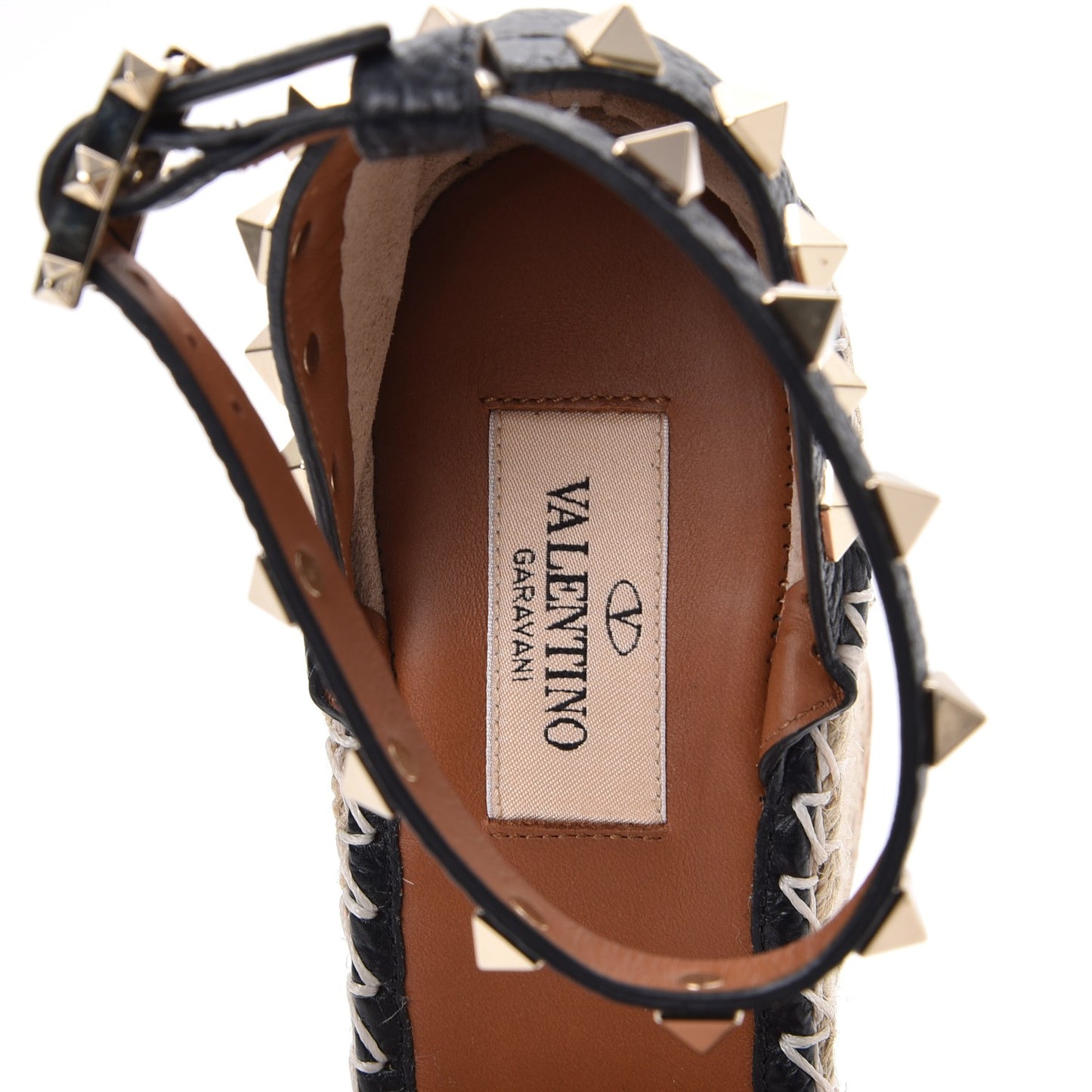 Grained Calfskin Rockstud Ankle Strap Espadrille 15/105mm Wedge Sandals 37 Black Light Cuir Natural