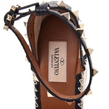 Valentino Garavani Grained Calfskin Rockstud Ankle Strap Espadrille 15/105mm Wedge Sandals 37 Black Light Cuir Natural 7 of 9