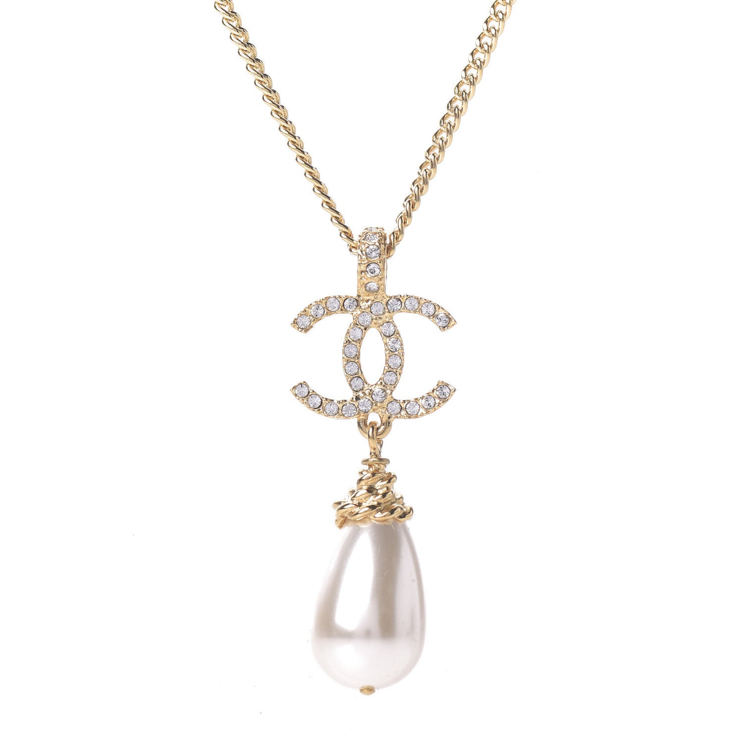 Pearl Crystal Twisted CC Drop Necklace Gold