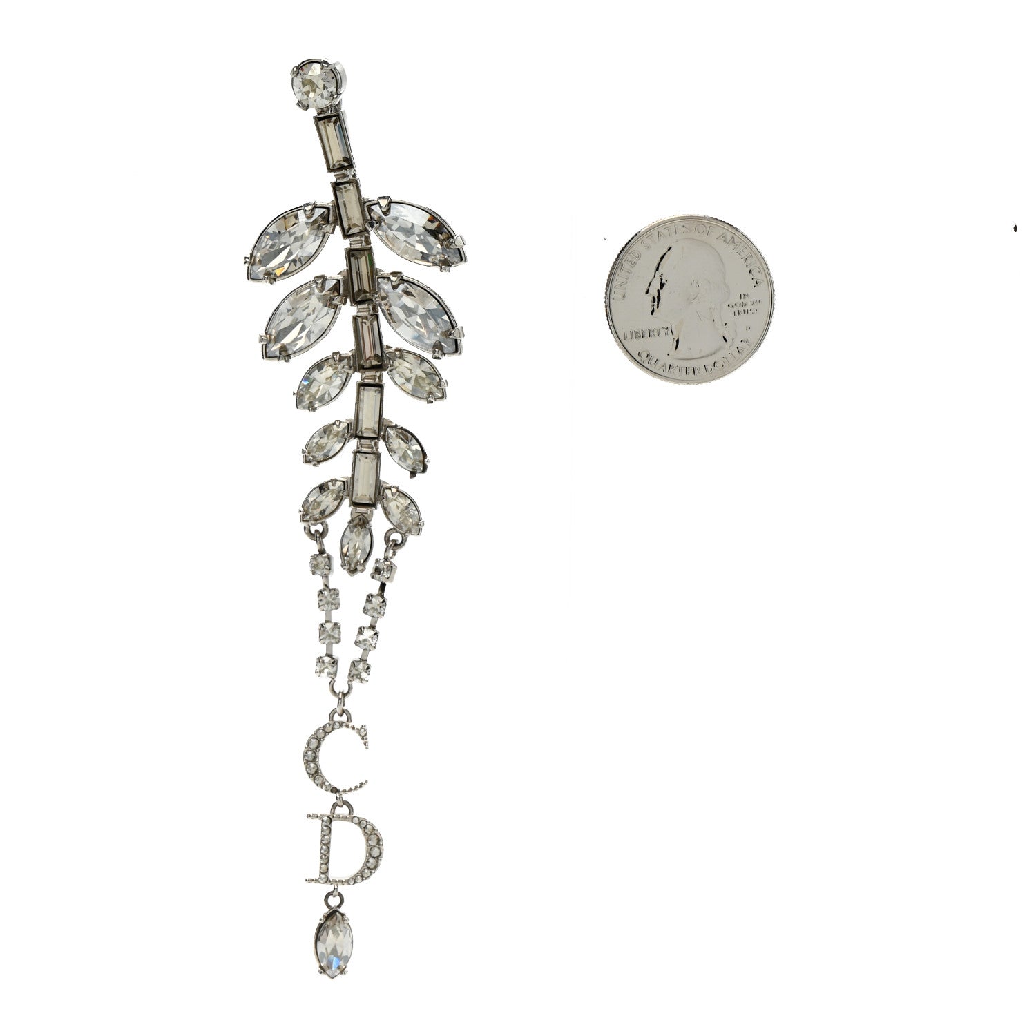 Christian Dior Metal Crystal Leaf Brooch Silver 2 of 5