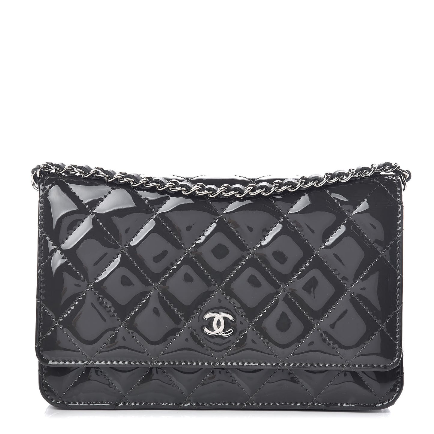 Patent Quilted Wallet On Chain WOC Dark Gray