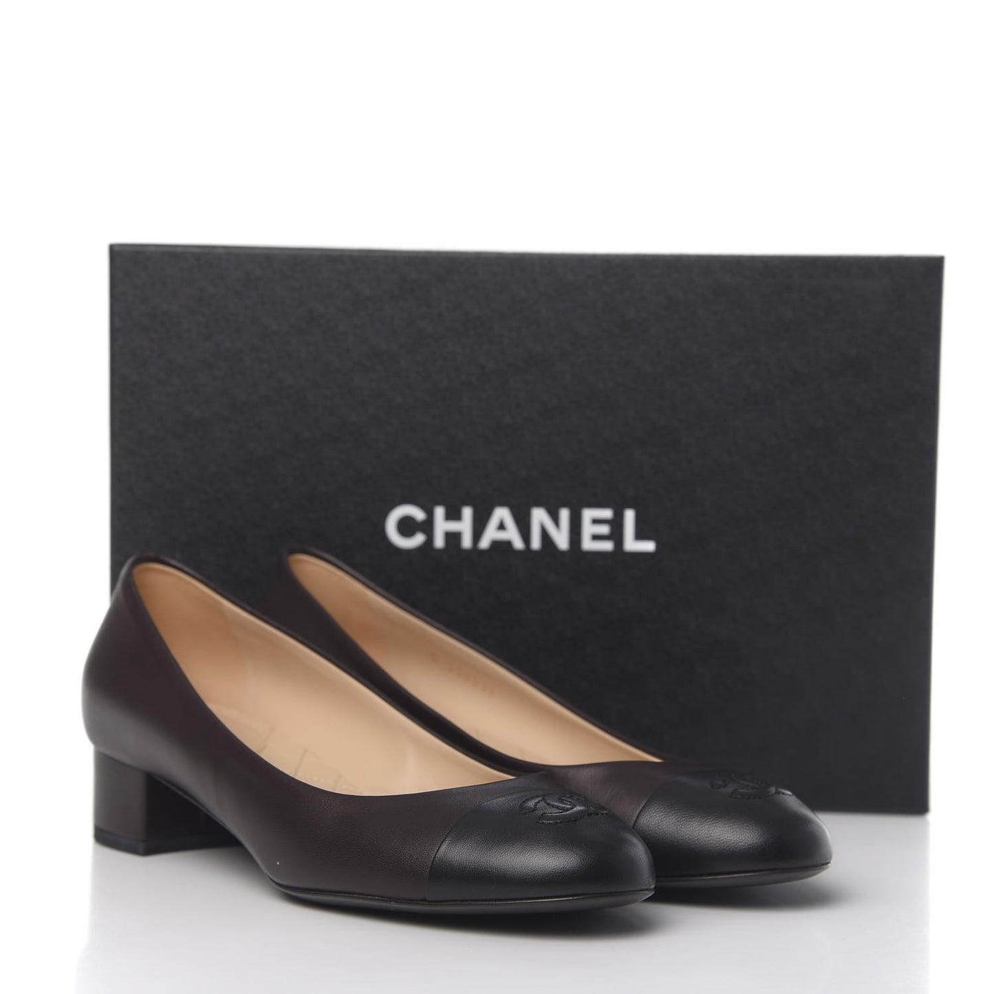 Lambskin CC Cap Toe Pumps 38.5 Dark Brown Black