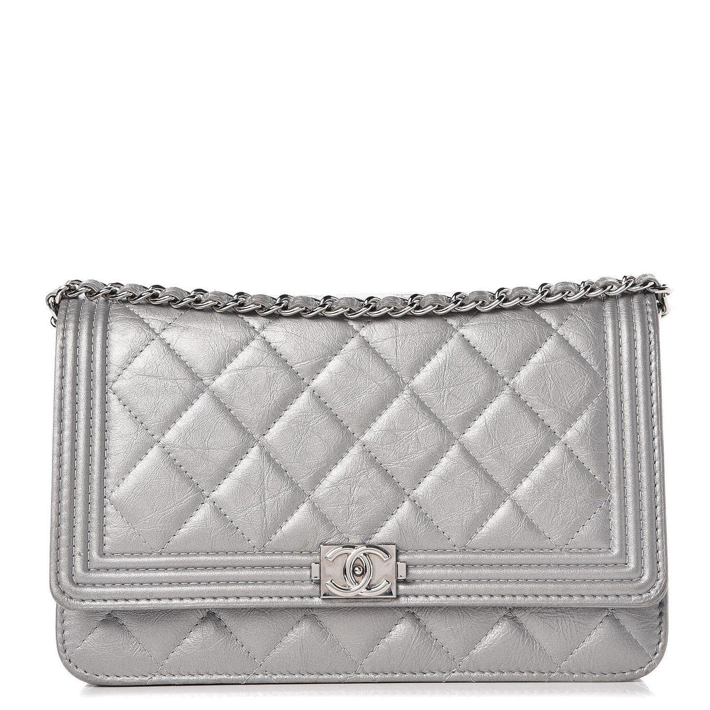 Metallic Distressed Calfskin Quilted Boy Wallet On Chain WOC Silver