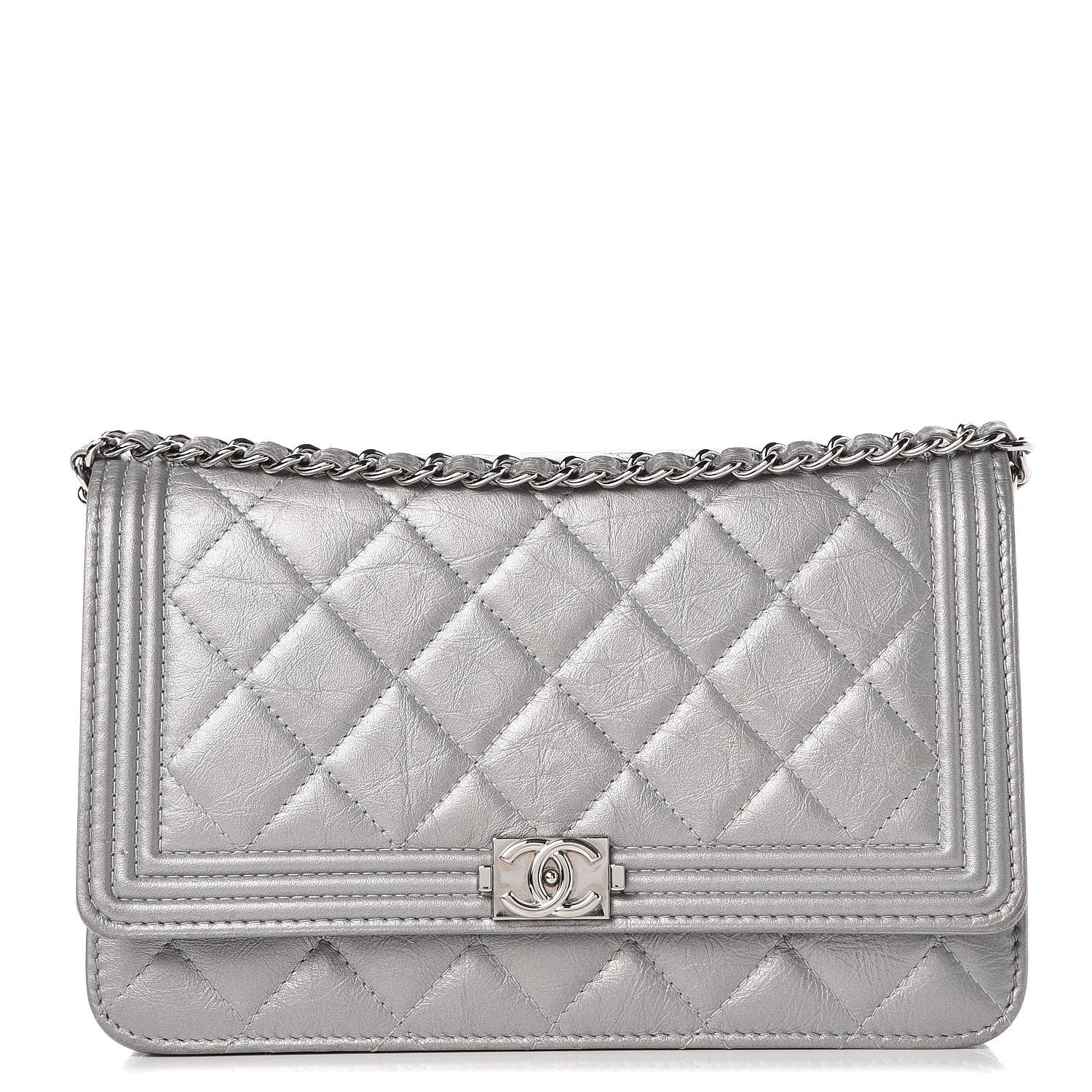 Chanel Metallic Distressed Calfskin Quilted Boy Wallet On Chain WOC Silver 1 of 9
