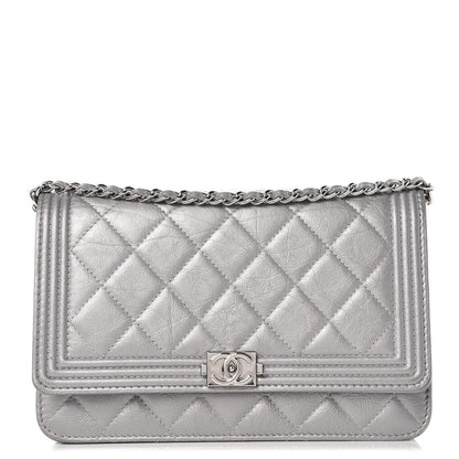Chanel Metallic Distressed Calfskin Quilted Boy Wallet On Chain WOC Silver 1 of 9