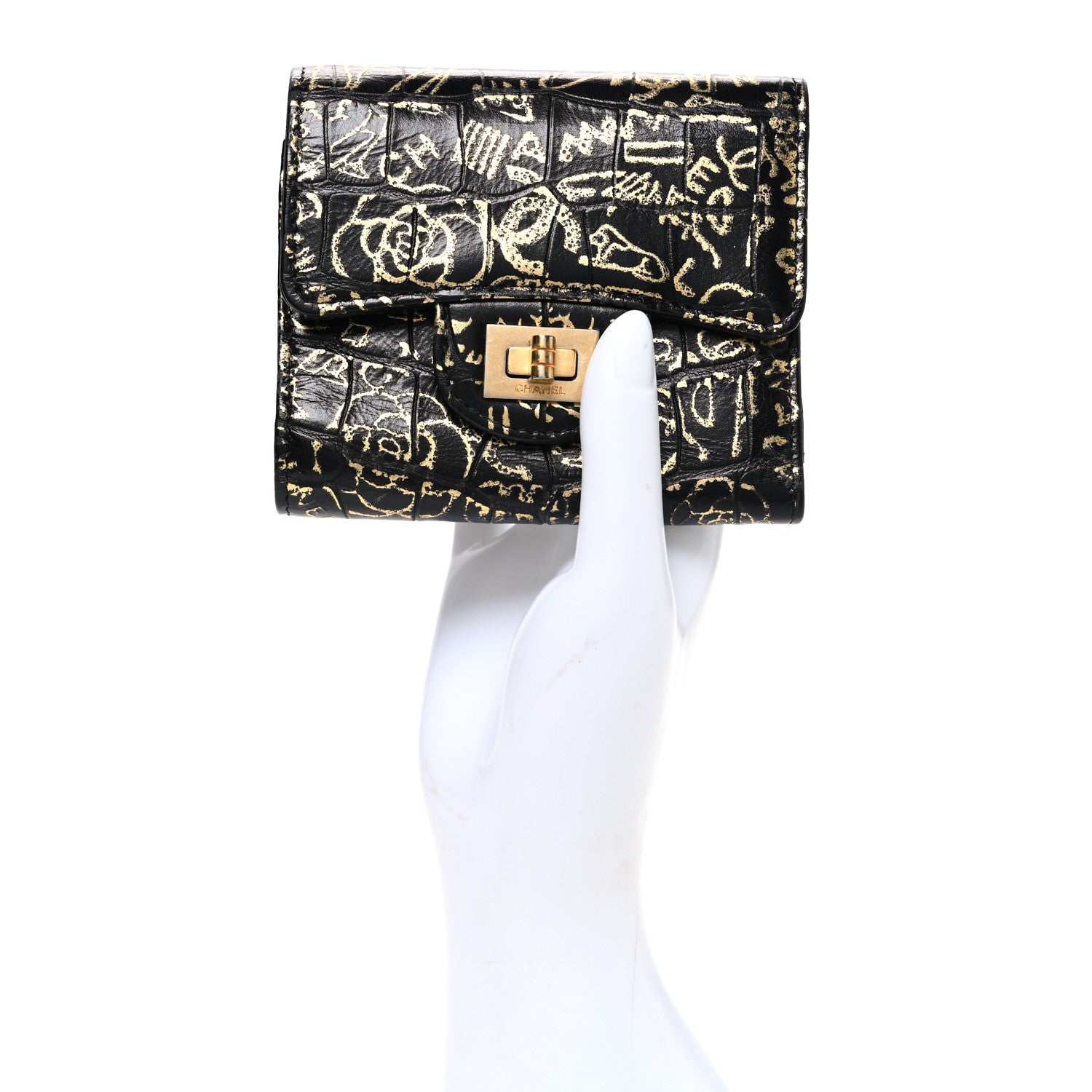 Chanel Calfskin Crocodile Embossed Graffiti Reissue Compact Wallet Black Gold 2 of 8