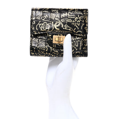 Chanel Calfskin Crocodile Embossed Graffiti Reissue Compact Wallet Black Gold 2 of 8