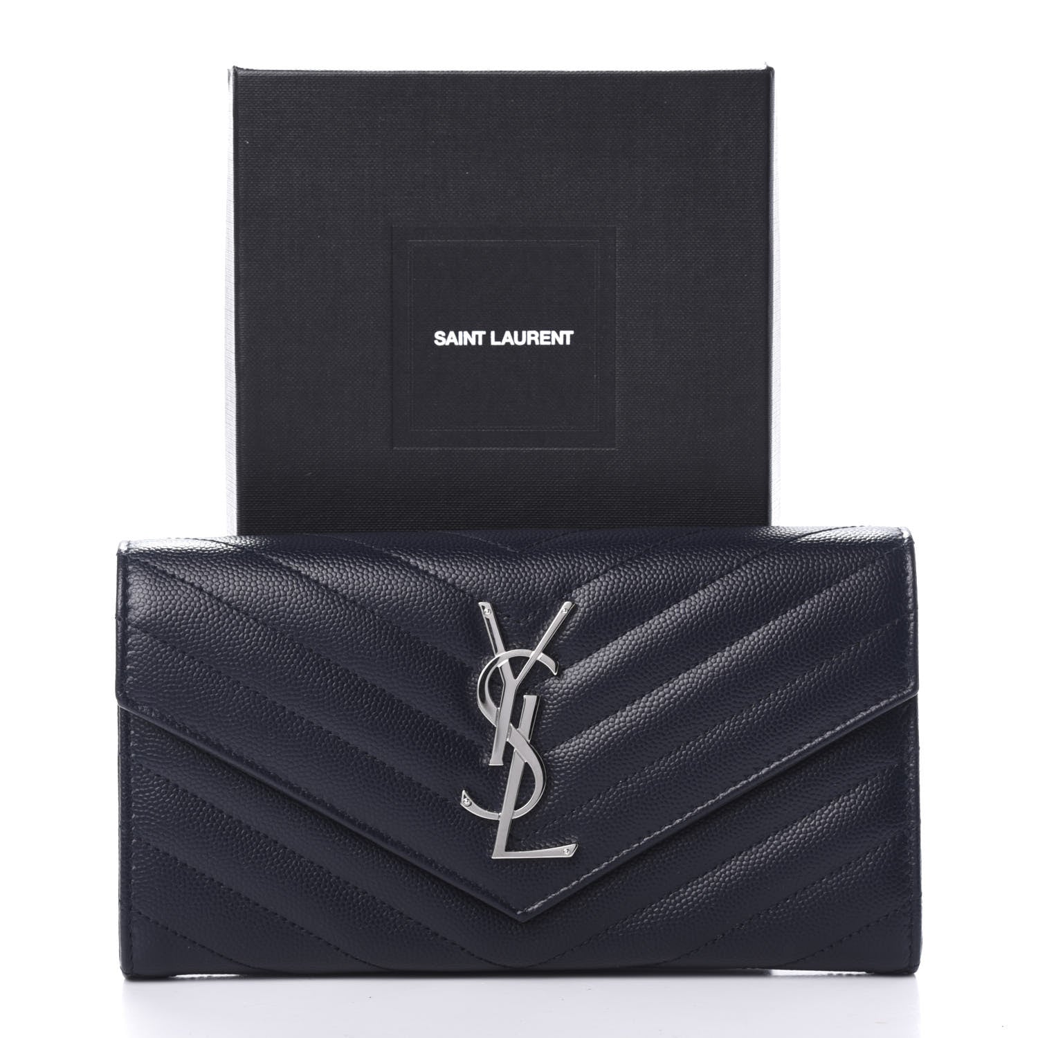 Saint Laurent Grain De Poudre Matelasse Chevron Monogram Flap Wallet Deep Marine 7 of 7