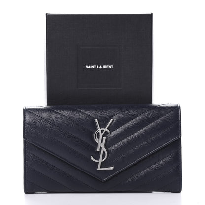 Saint Laurent Grain De Poudre Matelasse Chevron Monogram Flap Wallet Deep Marine 7 of 7