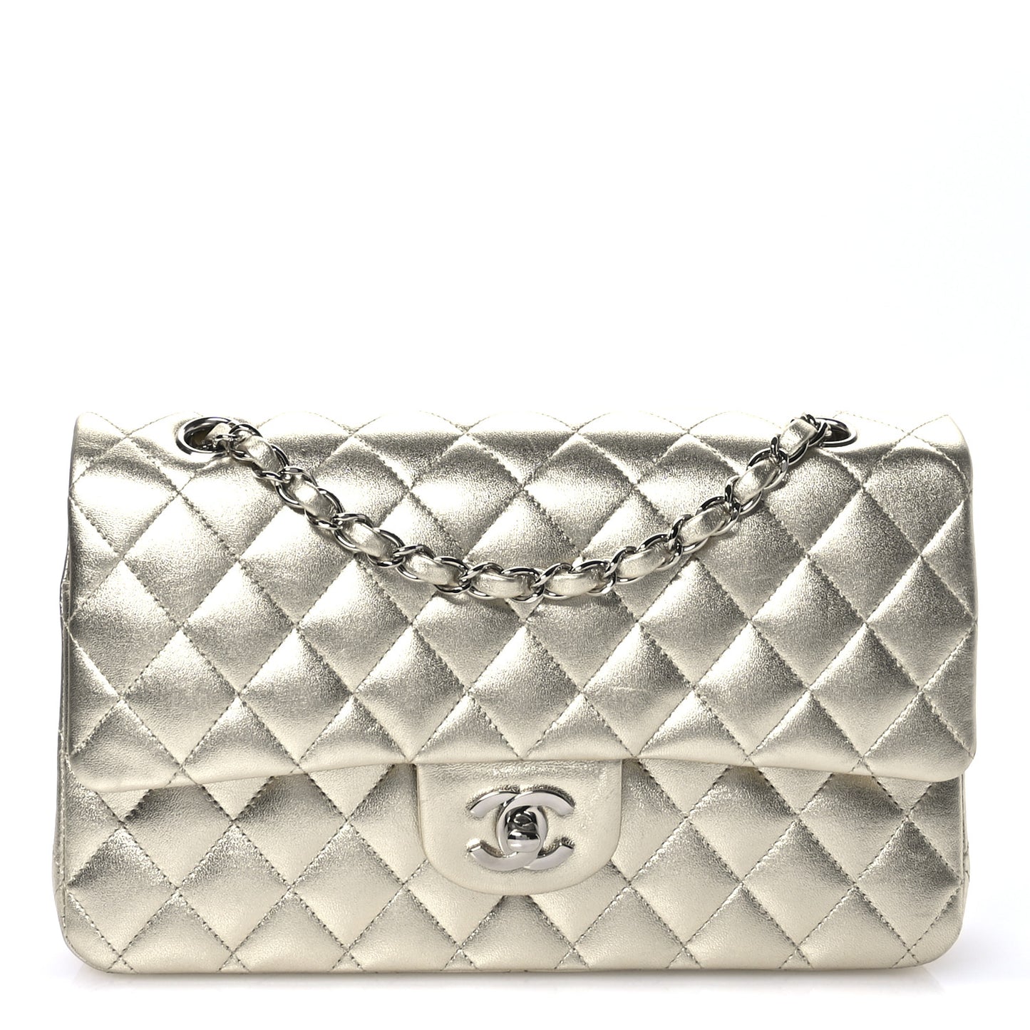 Metallic Lambskin Quilted Medium Double Flap Pale Gold