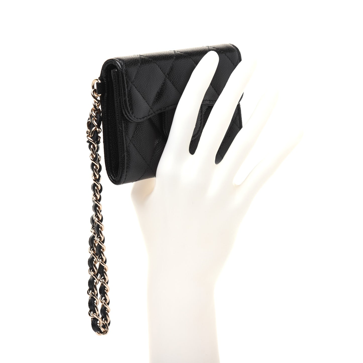 Caviar Quilted Flap Card Holder Chain Wristlet Black