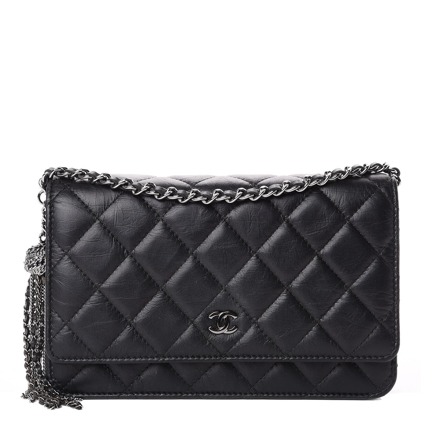 Aged Calfskin Quilted Tassel Wallet On Chain WOC Black
